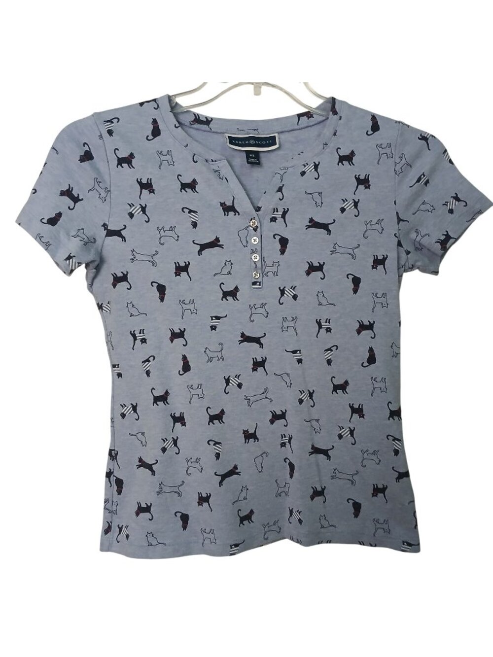 Karen Scott PS Cat Print Henley TShirt Blue Cotton Blend Short Sleeve #I-9